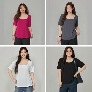 短袖 春夏新款 精棉拉架上衣200斤胖妹MM方领T恤黑白灰红色 女装 大码