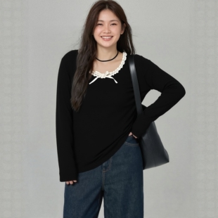 花边圆领正肩宽松巨遮肚漂亮显瘦T 上衣春新款 大码 胖mm巨好看女装