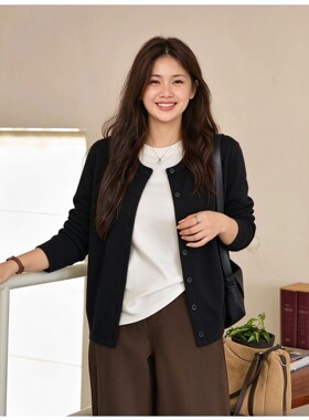 大码女装秋季针织开衫女款2026新款高级感灰色黑色基础毛织薄外套