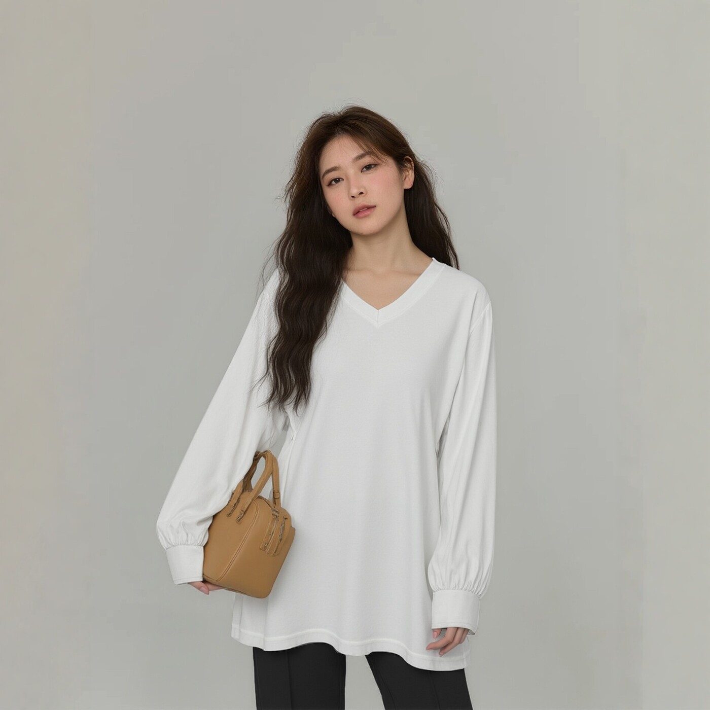 适合胖mm大码上衣正肩宽松活动纽扣收腰中长款开叉V领秋季女装T恤