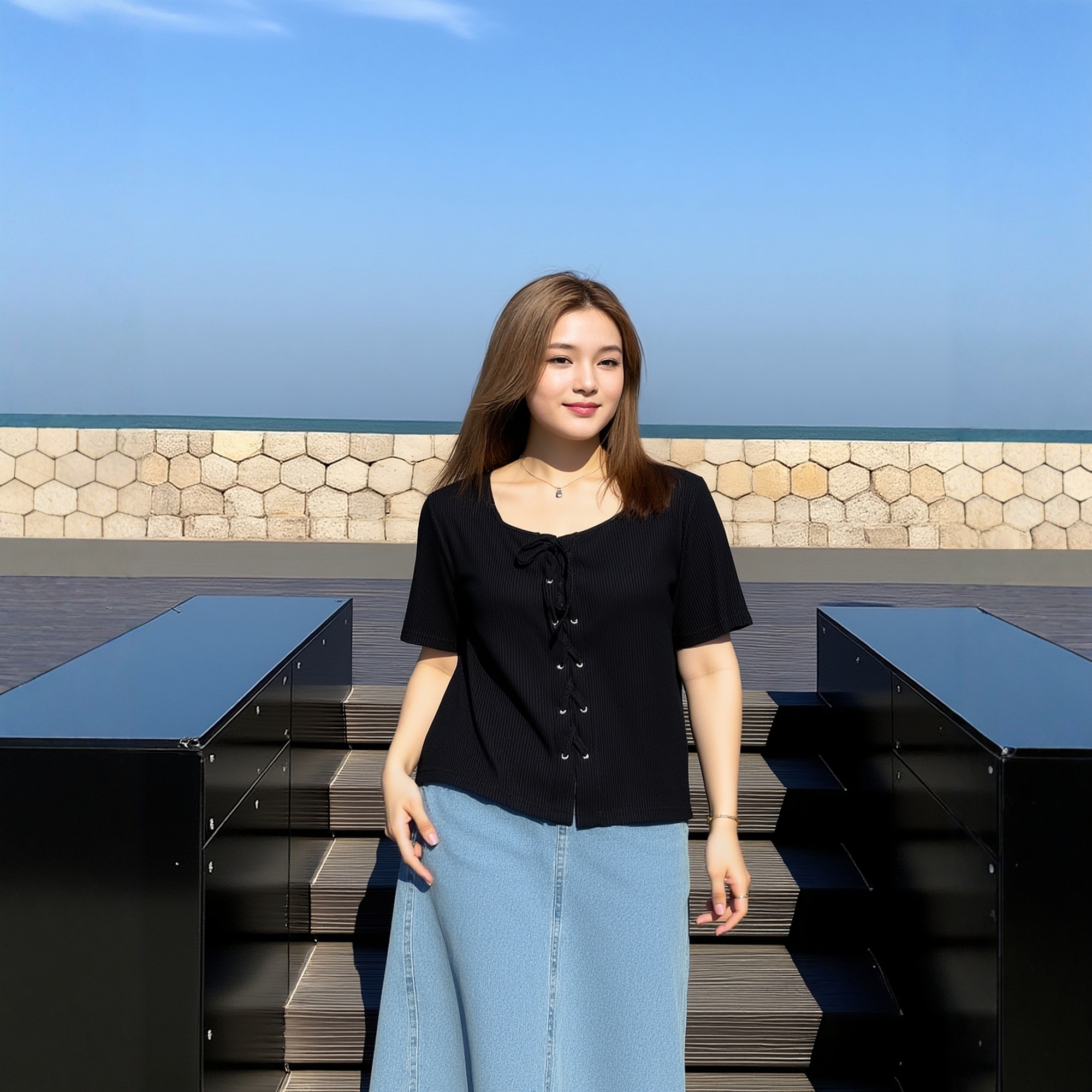 大码女夏装坑条系带纯棉针织衫