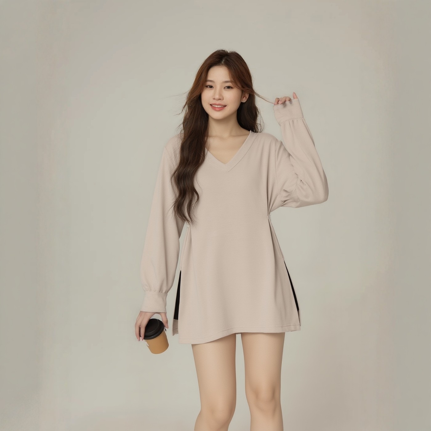 上衣大码胖mm显瘦奶茶色正肩宽松活动收腰中长款开叉V领T恤女装春,女装/女士精品,大码内搭,淘宝优惠券,粉丝福利购,淘宝优惠卷