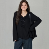 大码 胖mm巨好看上衣V领蕾丝花边拼接巨好看上衣遮肚设计感针织衫