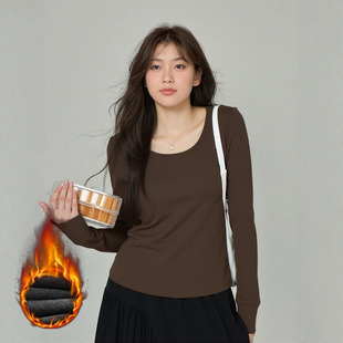 胖妹妹大领口加绒上衣200斤胖MM秋冬外穿正肩美拉德色针织打底衫