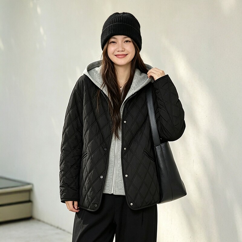 棉服女冬季大码胖mm假两件设计连帽拉链菱格双线裥棉显瘦棉衣外套