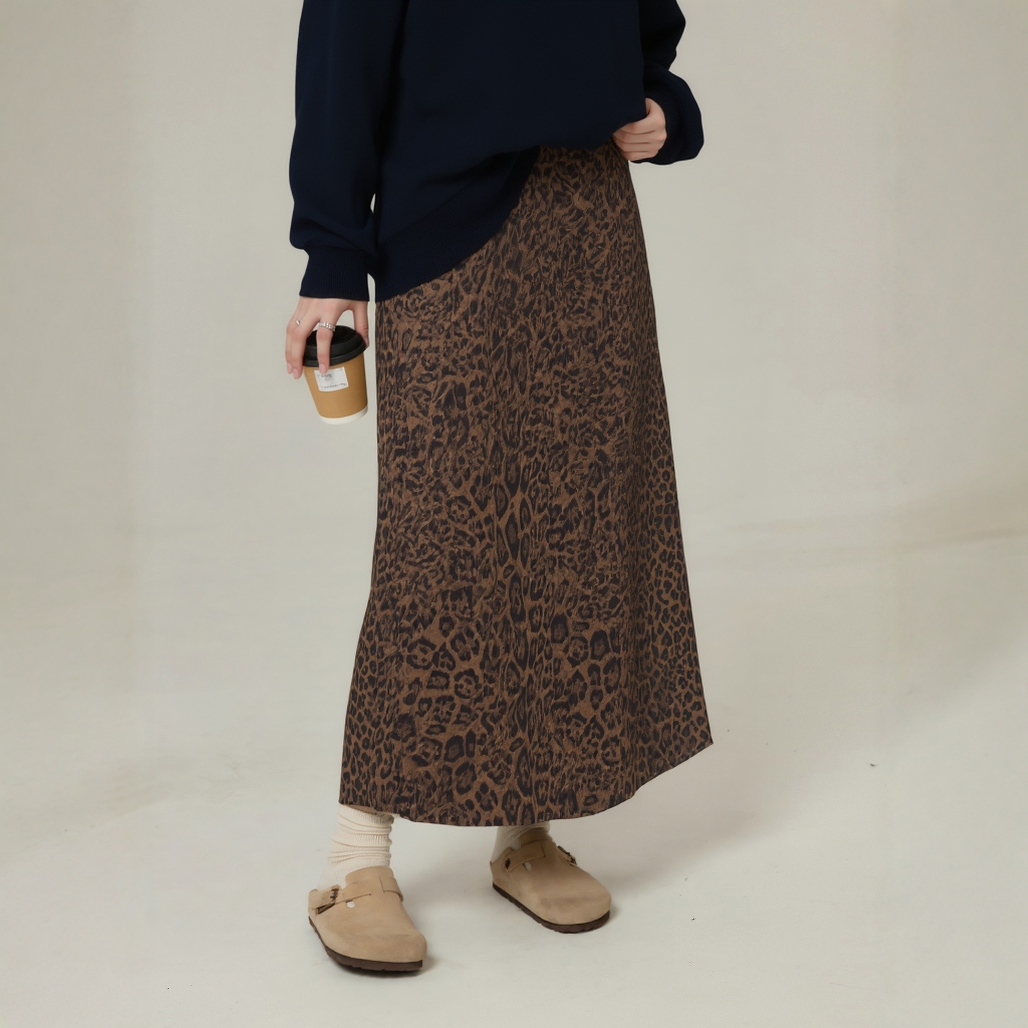 凤凰依屋大码秋冬弹力腰豹纹裙