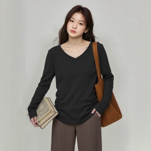 新款 上衣春装 V领正肩宽松巨遮肚漂亮显瘦T恤潮 胖mm巨好看女装 大码