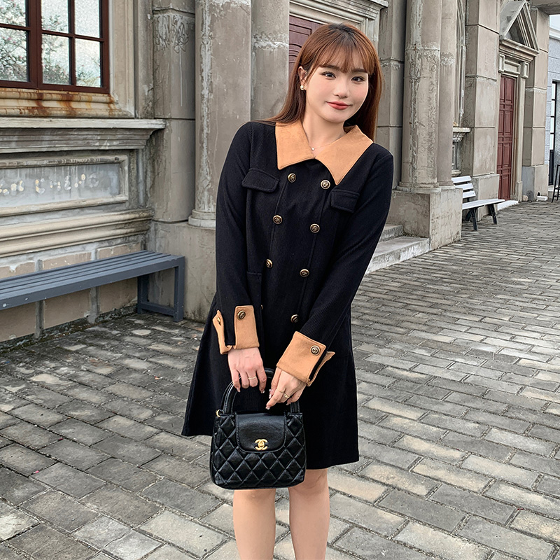品牌大码连衣裙胖mm正肩显瘦复古双排扣秋季女装假两件时尚裙子潮
