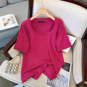 高端方领上衣胖MM独特240斤大码 宽松针织线衣T恤 遮肚短袖 女装 夏季