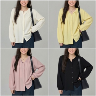 女装 小衫 春季 200斤胖妹妹简约纯色长袖 宽松休闲小V领衬衣 新款 大码