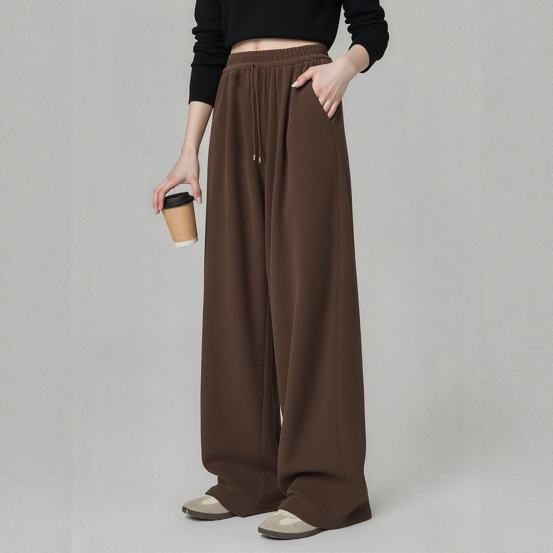 裤子大码女胖mm秋冬加绒显瘦遮胯阔腿裤美拉德咖啡色高腰宽松长裤