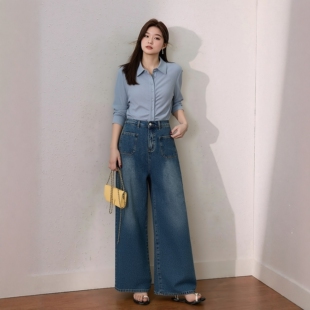 适合梨形身材高腰松紧秋冬裤 胖mm大码 2025新款 女生秋装 牛仔阔腿裤