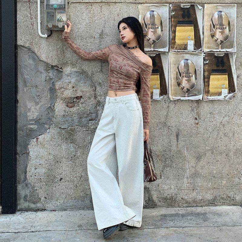 渣渣灰色爆款2025年春季宽松阔腿牛仔裤女高腰显瘦米白直筒拖地裤