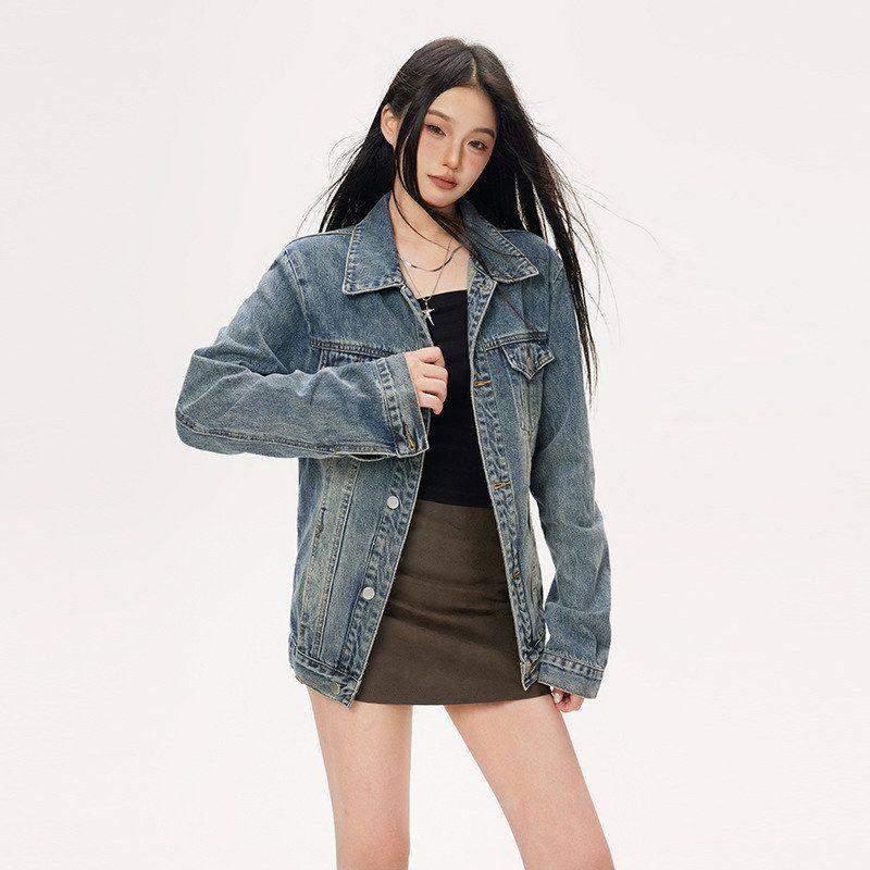 做旧超宽松牛仔外套女秋冬现款复古设计宽肩百搭显瘦夹克牛仔上衣