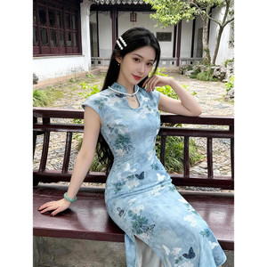 新中式国风蓝色旗袍长款改良贝壳袖气质连衣裙新款旗袍裙水蓝色梦