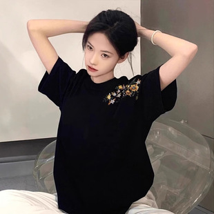 宽松正肩设计感半袖 黑色纯棉短袖 美式 t恤女2025新款 体恤上衣 夏季