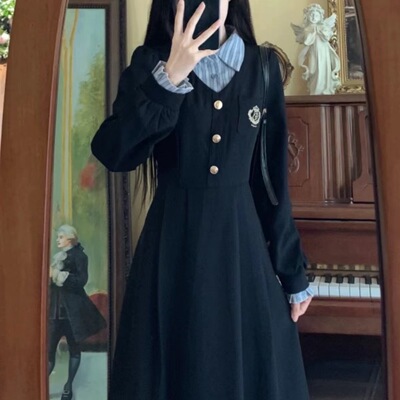 大码法式长袖连衣裙女秋季收腰显瘦POLO领长裙胖MM假两件气质裙子