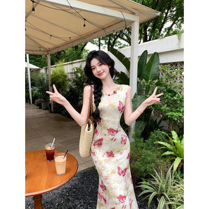 【浅绯花影】夏季新款法式气质修身显瘦弹力网纱印花连衣裙长裙女