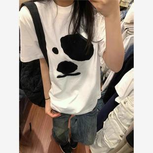 美式 抽象小狗印花oversiz宽松休闲t恤减龄上衣 复古白色短袖 女夏季