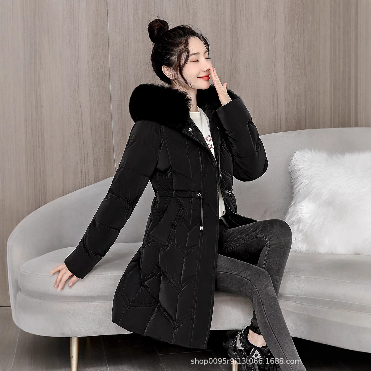 羽绒棉服女2025冬装新款加厚中长款韩版收腰大毛领棉袄外套