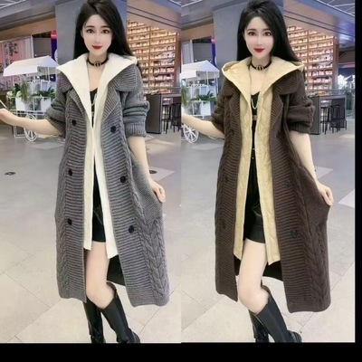 长款过膝拼接棉服针织开