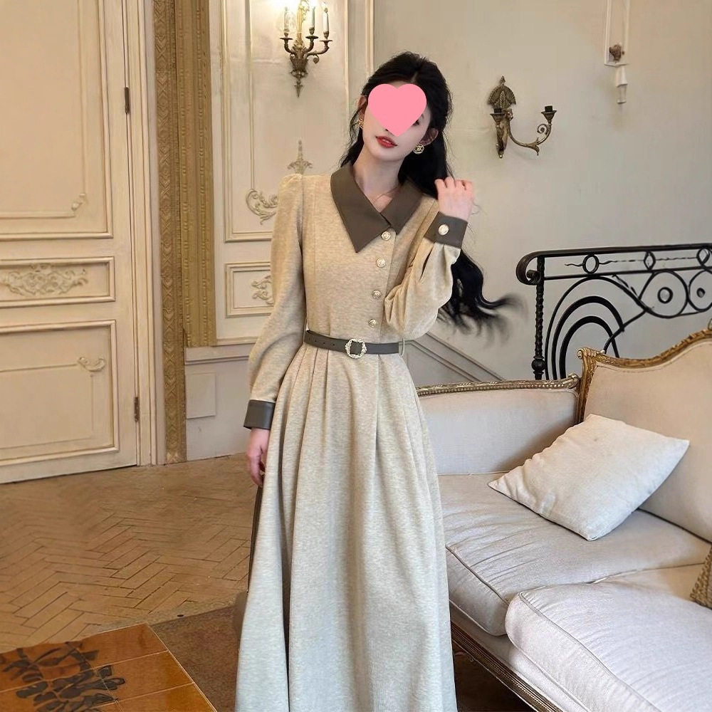 2025早秋穿搭巨好看掐腰长袖连衣裙2025法式复古拼接百搭显瘦裙子