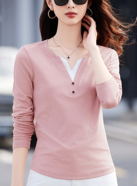 52006V领长袖t恤女春秋季2025纯棉设计感纽扣修身打底衫上衣洋气