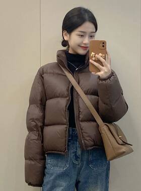 白鸭绒肯豆羽绒服女短款欧版咖色宽松立领加厚高腰面包服潮防寒