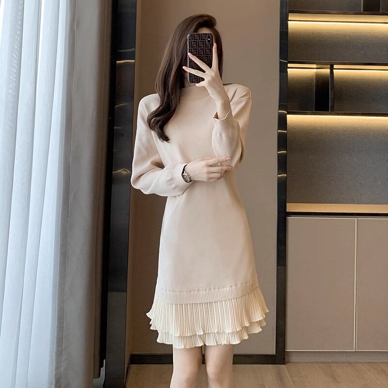 温婉端庄  气质柔美    法式温柔风拼接荷叶边打底长袖针织连衣裙