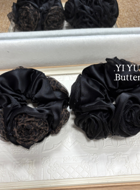 手工盘花玫瑰~豹纹立体花朵头花网纱黑色缎面大肠发圈头发绳韩国