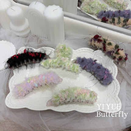 手混线发夹秋冬毛绒绒抓夹女后脑勺盘发鲨鱼夹子头饰发夹发卡发饰