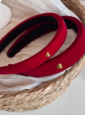 新年红色发箍女高级感爱心丝绒百搭发捆宽边头箍高颅顶头饰发饰品