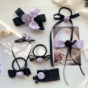 秋香紫手作玫瑰发圈发饰扎头发小众设计拜拜夹少女边夹对夹刘海夹