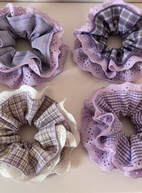 紫色甜甜圈蕾丝格子大肠发圈丸子头头花发绳格纹皮筋头绳发饰品女