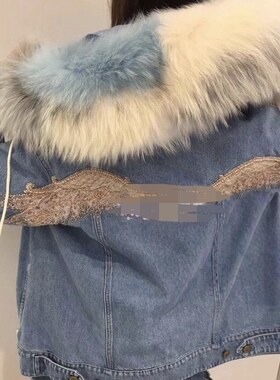 专柜直发天使钉花连帽毛领宽松牛仔皮草外套女M-694FJ3550000