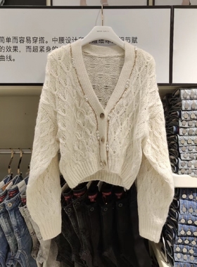 专柜直发毛织外套女V领复古麻花珍珠休闲保暖纯色 6N4RJ5060000