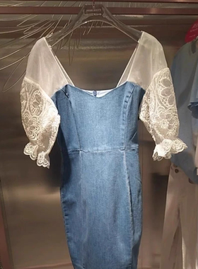 专柜直发2020夏季新款高收腰泡泡袖牛仔连衣裙女 m-602DJ3610000