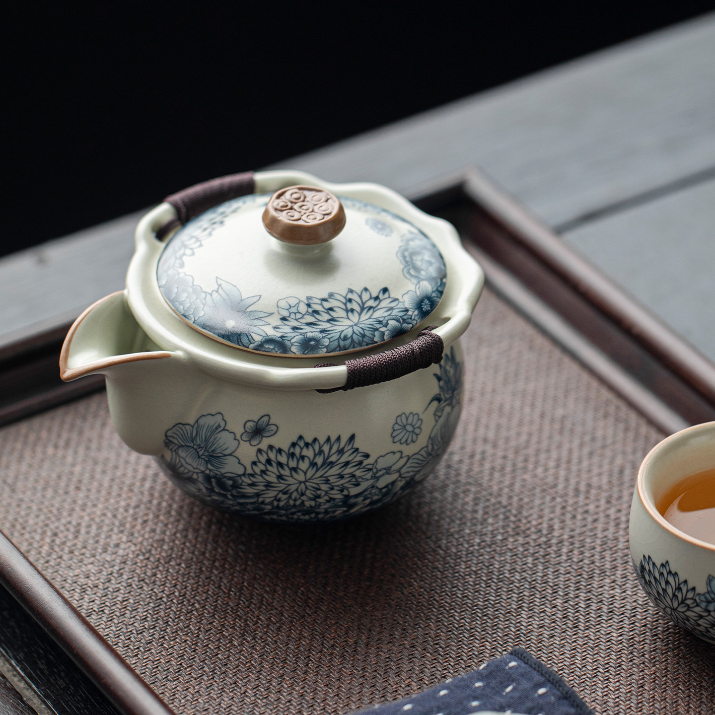 米黄汝窑青花瓷手抓壶茶杯茶壶泡茶器蝉翼开片可养盖碗单壶不烫手