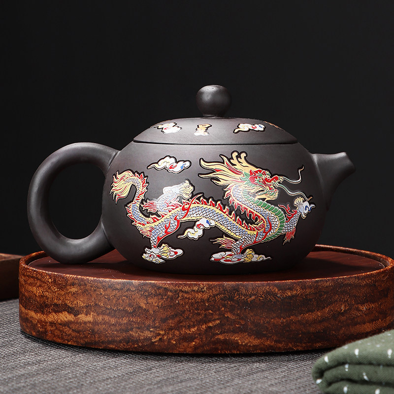 遇热变色龙凤紫砂壶家用泡茶原矿黑泥西施壶龙凤呈祥泡茶单壶中式