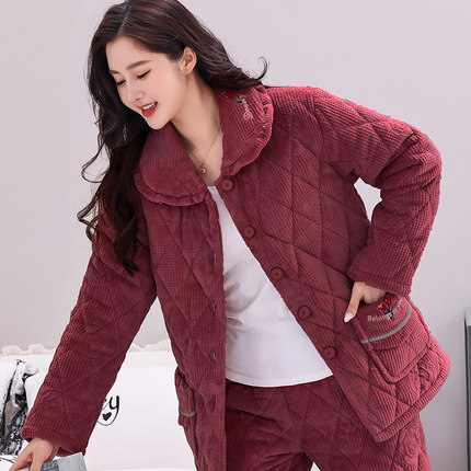 秋冬季女士珊瑚绒夹棉袄睡衣中年妈妈三层加厚加绒保暖家居服套装