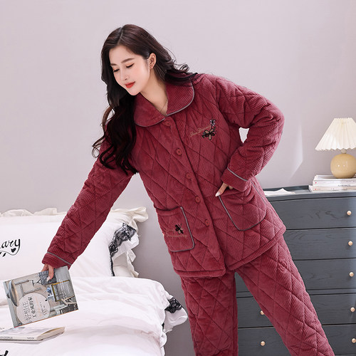 女士珊瑚绒睡衣秋冬季妈妈款加绒