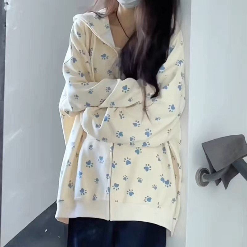 美式重磅卫衣女秋新款狗爪印花连卫衣/绒衫