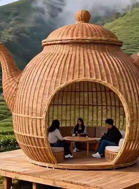 藤编工艺品定制户外景区民宿休闲藤编茶壶凉亭网红打卡拍照装置