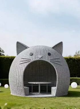 藤编猫咪造型凉亭小屋户外创意休闲藤编凉亭景观网红拍照打卡装置