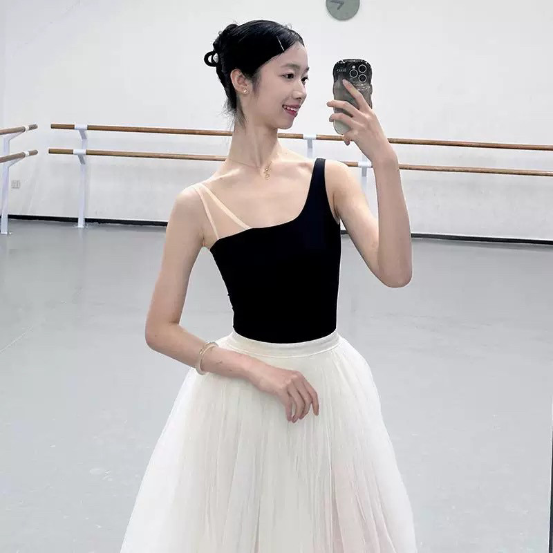 新款芭蕾舞练功服女连体服拼接网纱体操服成人艺考体服黑色舞蹈服