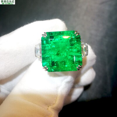 哥伦比亚再生祖母绿 培育祖母绿 9K金戒指 方形小八角 12.36CT