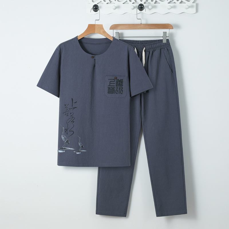 夏季中老年套装男士亚麻短袖休闲宽松中年爸爸夏装老年人爷爷衣服