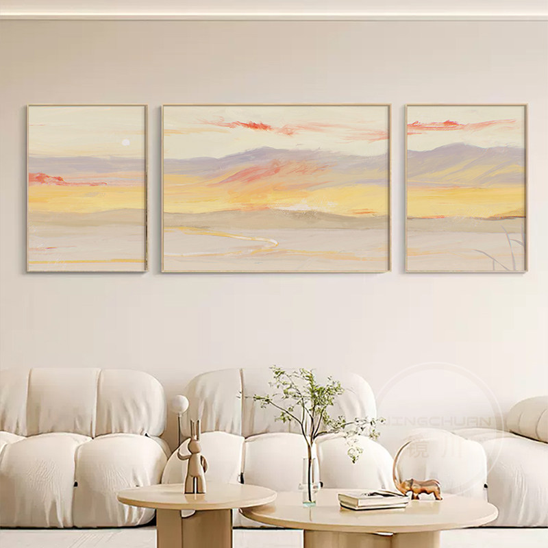 奶油原木风客厅风景治愈三联装饰画沙发背景墙抽象法式艺术画挂画