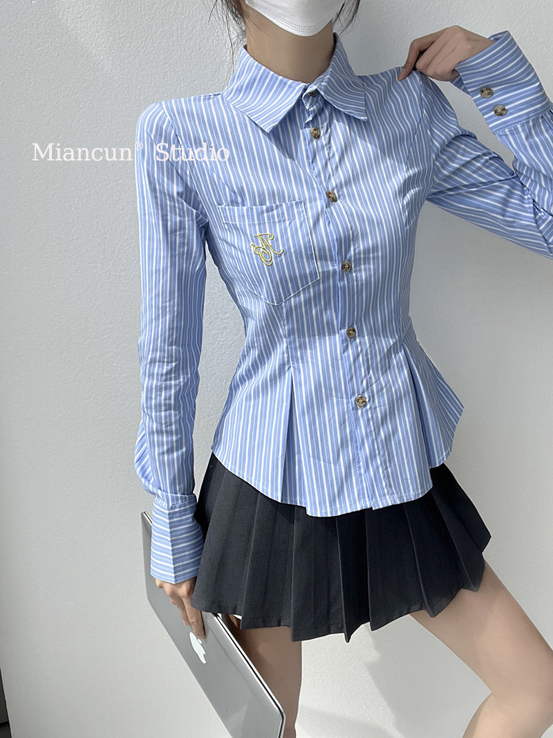 MianCun蓝色竖条纹口袋刺绣衬衫女2026春秋新款纯欲修身收腰上衣