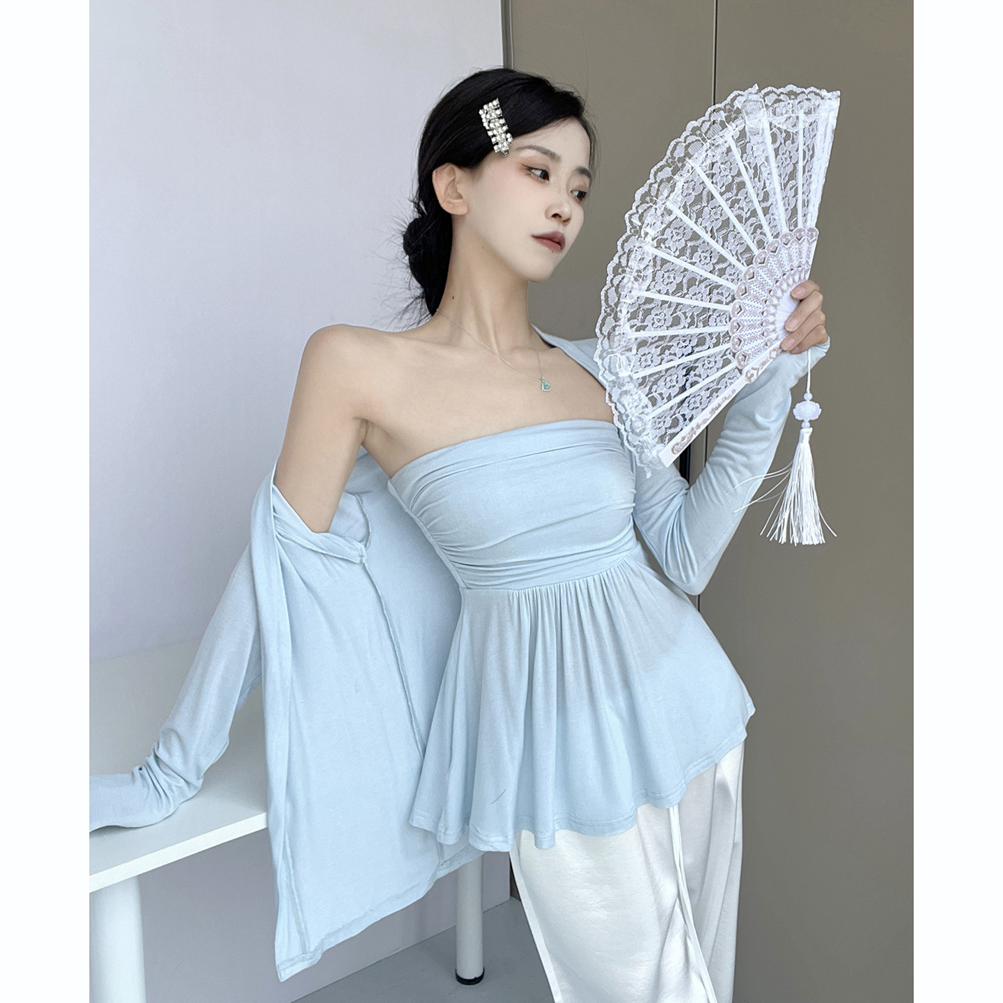 甜辣妹蓝色长袖开衫外套女秋季穿搭套装带胸垫抹胸背心上衣两件套,女装/女士精品,T恤,淘宝优惠券,粉丝福利购,淘宝优惠卷